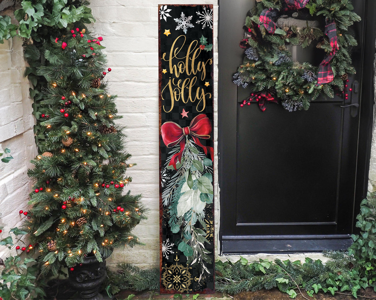 36in Holly Jolly Christmas Porch Sign - Front Porch Christmas Welcome Sign, Rustic Modern Farmhouse Entryway Board
