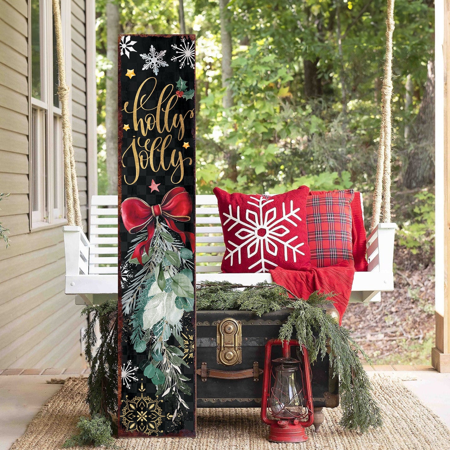 36in Holly Jolly Christmas Porch Sign - Front Porch Christmas Welcome Sign, Rustic Modern Farmhouse Entryway Board