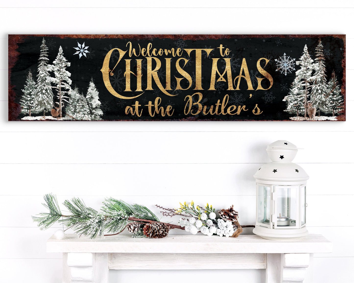 36in Welcome to Christmas At the [Family Name] Sign - Personalized Custom Family Name Sign, Modern Farmhouse Wall Decor, Holiday Art Print