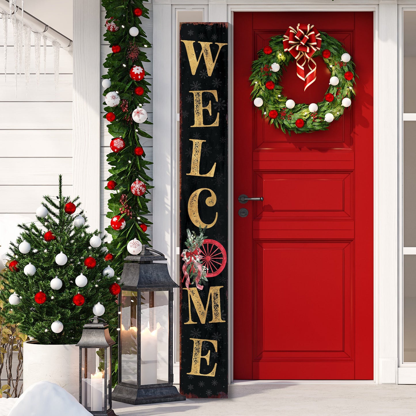 72in Welcome with Wagon Wheel Wreath Christmas Porch Sign - Front Porch Welcome Sign Home Decor, Vintage Holiday Christmas Decor for Outdoor