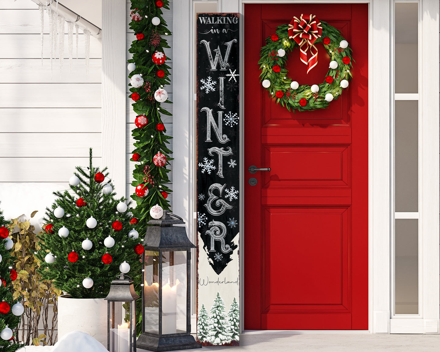 72in "Walking in a Winter Wonderland" Christmas Porch Sign - Front Porch Christmas Welcome Sign, Rustic Modern Farmhouse Entryway Board