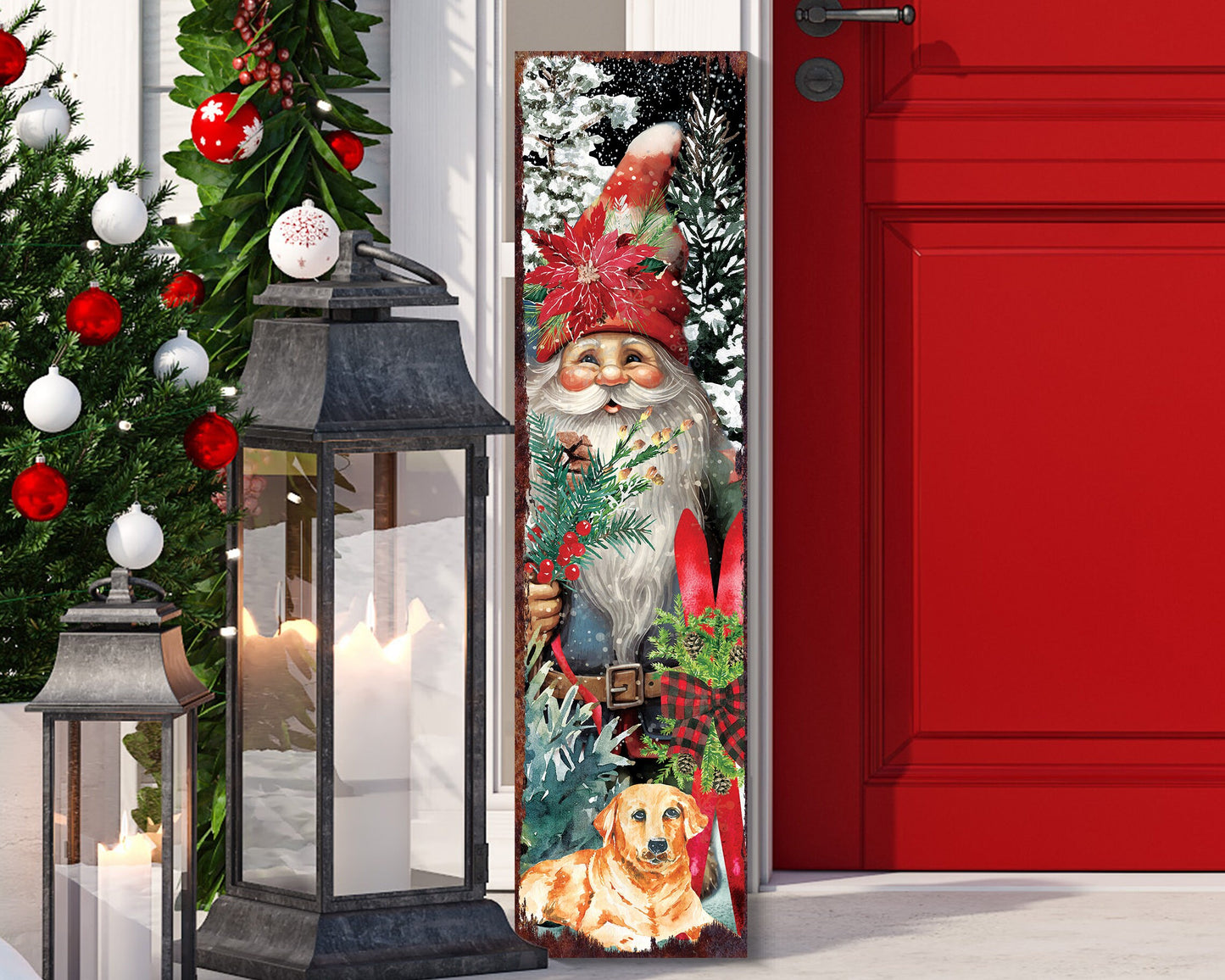 36in Vintage Gnome Christmas Porch Sign - Front Porch Christmas Welcome Sign, Vintage Christmas Decoration, Modern Farmhouse Entryway Board