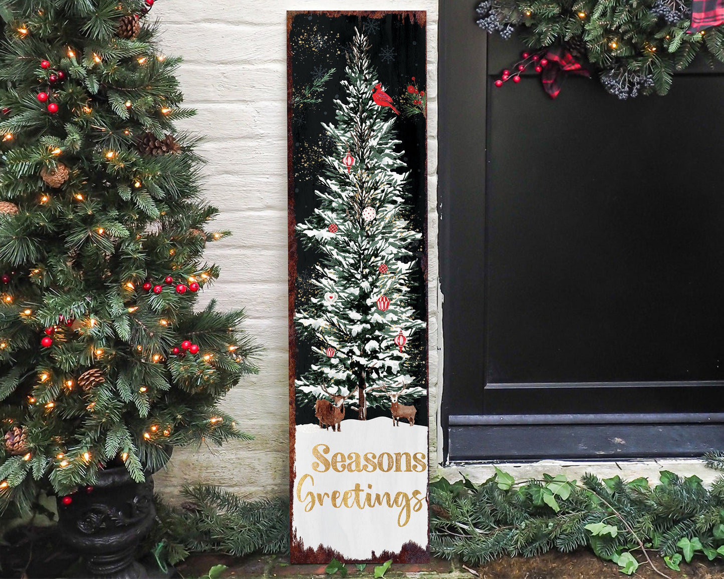 36in Seasons Greetings Christmas Sign - Vintage Holiday Decor, Christmas Porch Decor, Vintage Reindeer Sign, Outdoor Holiday Christmas Decor