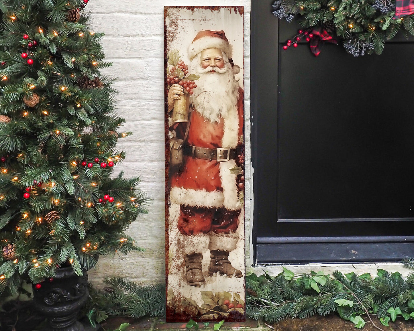 36in Vintage Santa Christmas Porch Sign - Front Porch Christmas Welcome Sign, Christmas Decoration, Modern Farmhouse Entryway Board