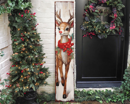 48in Rudolph Christmas Sign - Vintage Holiday Decor, Christmas Porch Decor, Vintage Reindeer Sign, Outdoor Holiday Christmas Decor