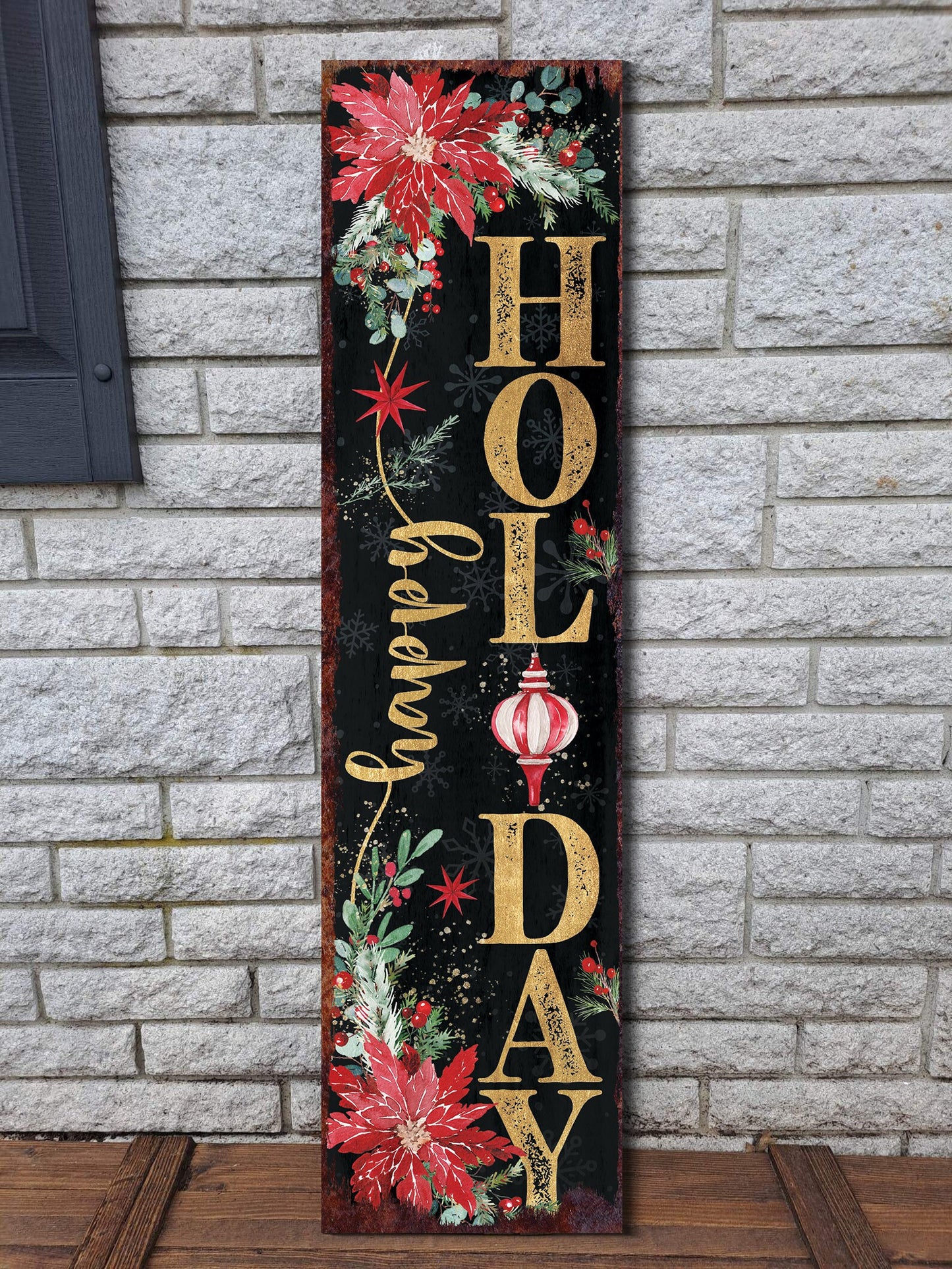 36in Happy Holiday Christmas Sign for Front Porch - Vintage Christmas Decoration, Rustic Modern Farmhouse Entryway Christmas Porch Sign