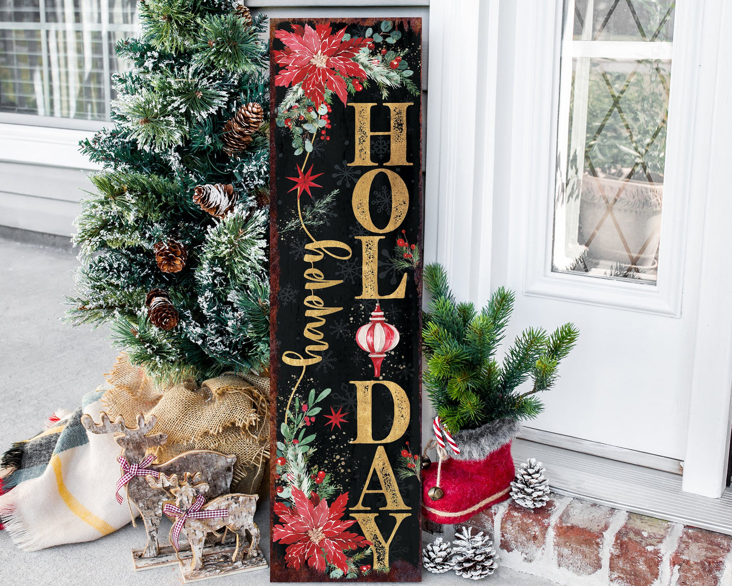 36in Happy Holiday Christmas Sign for Front Porch - Vintage Christmas Decoration, Rustic Modern Farmhouse Entryway Christmas Porch Sign