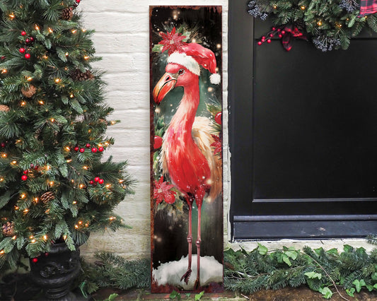 36in Flamingo Merry Christmas Porch Sign - Front Porch Welcome Sign, Modern Farmhouse Wall Decor, Vintage Christmas Decor for Outdoor