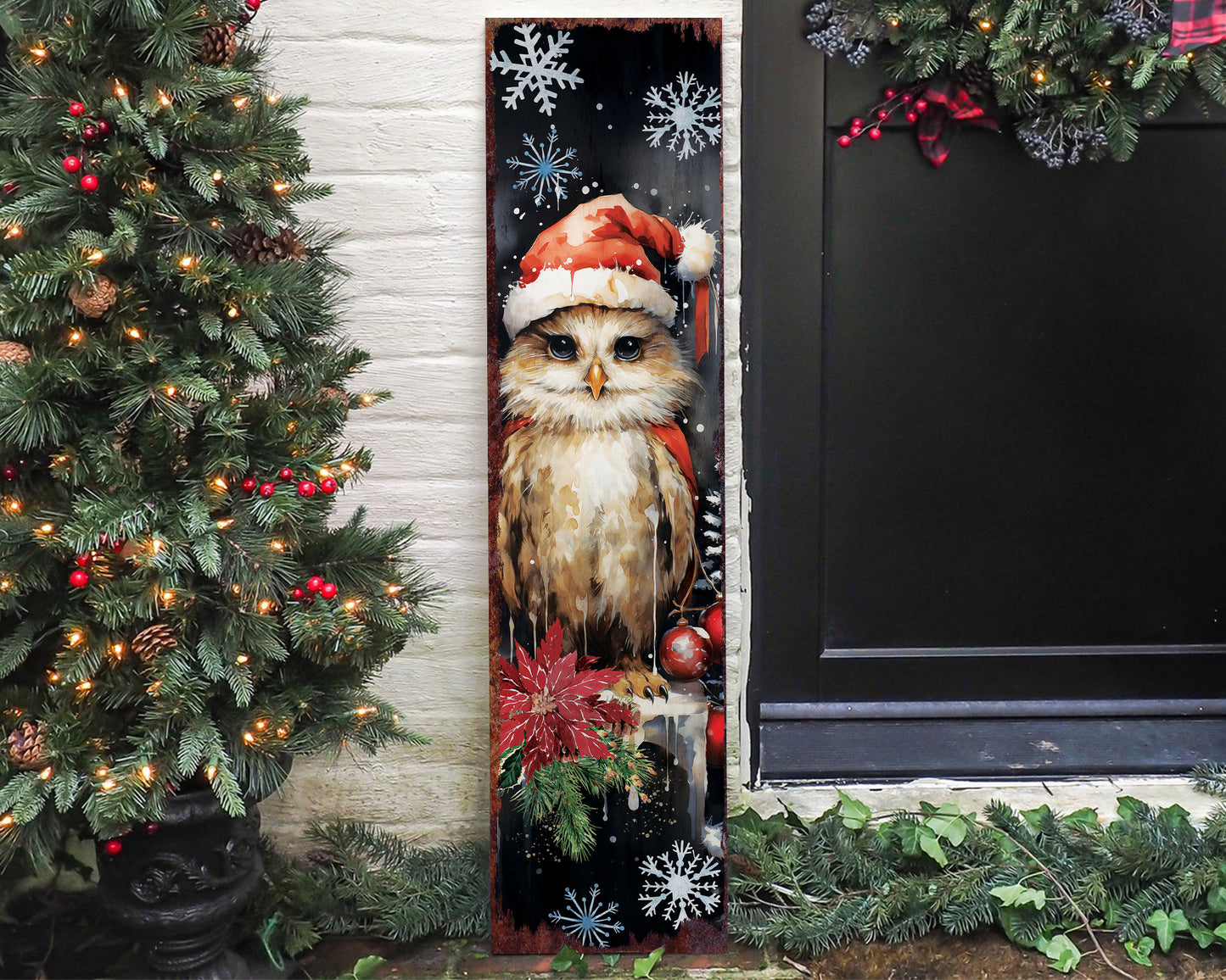 36in Owl Christmas Porch Sign - Front Porch Welcome Sign, Modern Farmhouse Wall Decor, Vintage Christmas Decor for Outdoor