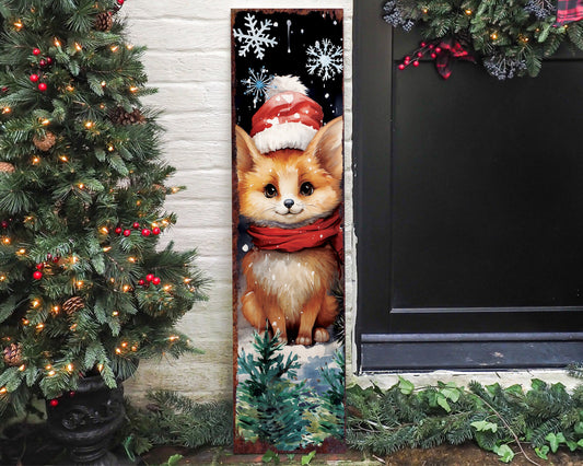 36in Fox Christmas Porch Sign - Front Porch Welcome Sign, Modern Farmhouse Wall Decor, Vintage Christmas Decor for Outdoor