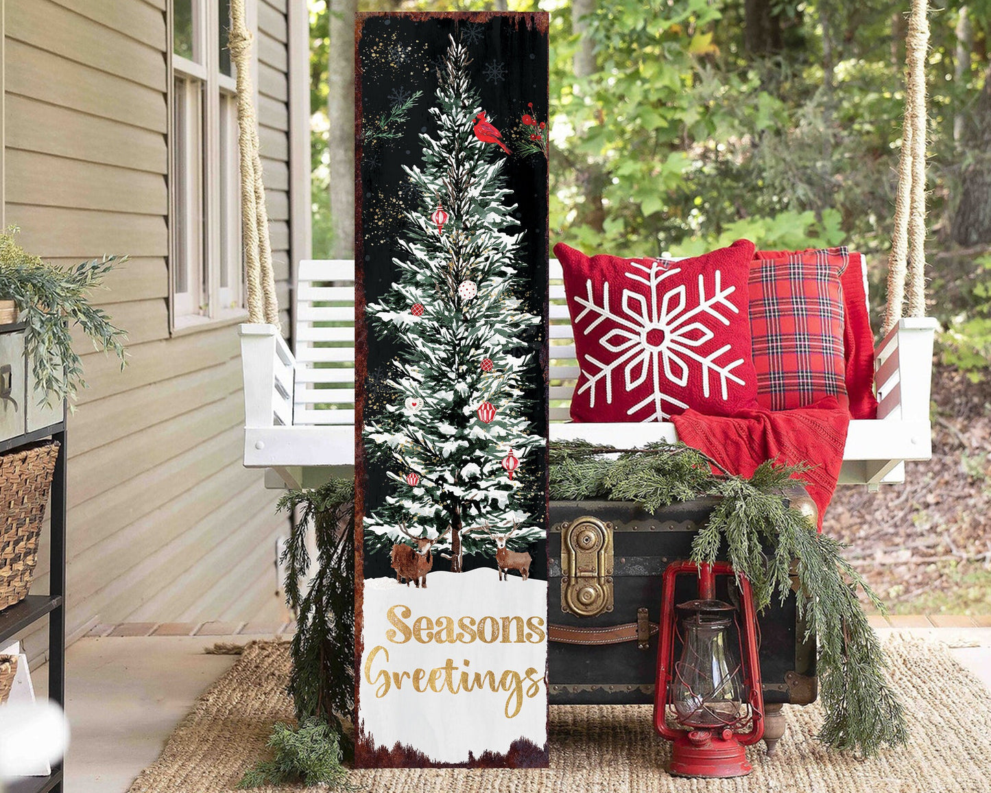 36in Seasons Greetings Christmas Sign - Vintage Holiday Decor, Christmas Porch Decor, Vintage Reindeer Sign, Outdoor Holiday Christmas Decor