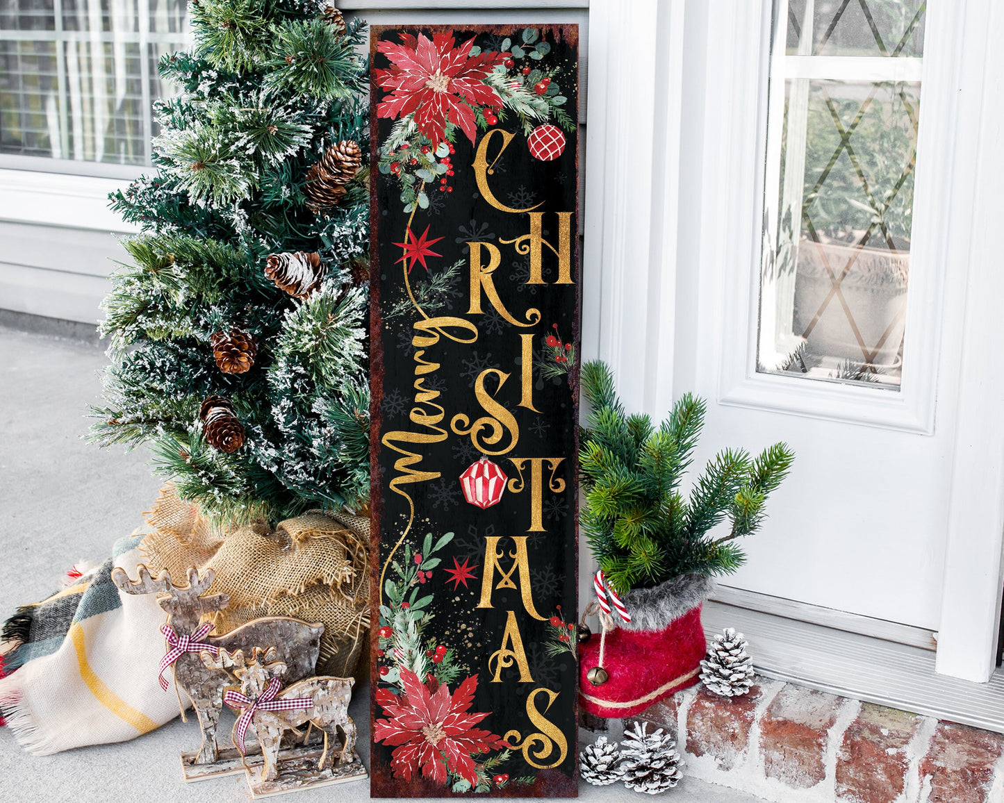 36in Merry Christmas Porch Sign - Front Porch Christmas Sign, Rustic Modern Farmhouse Entryway Decor