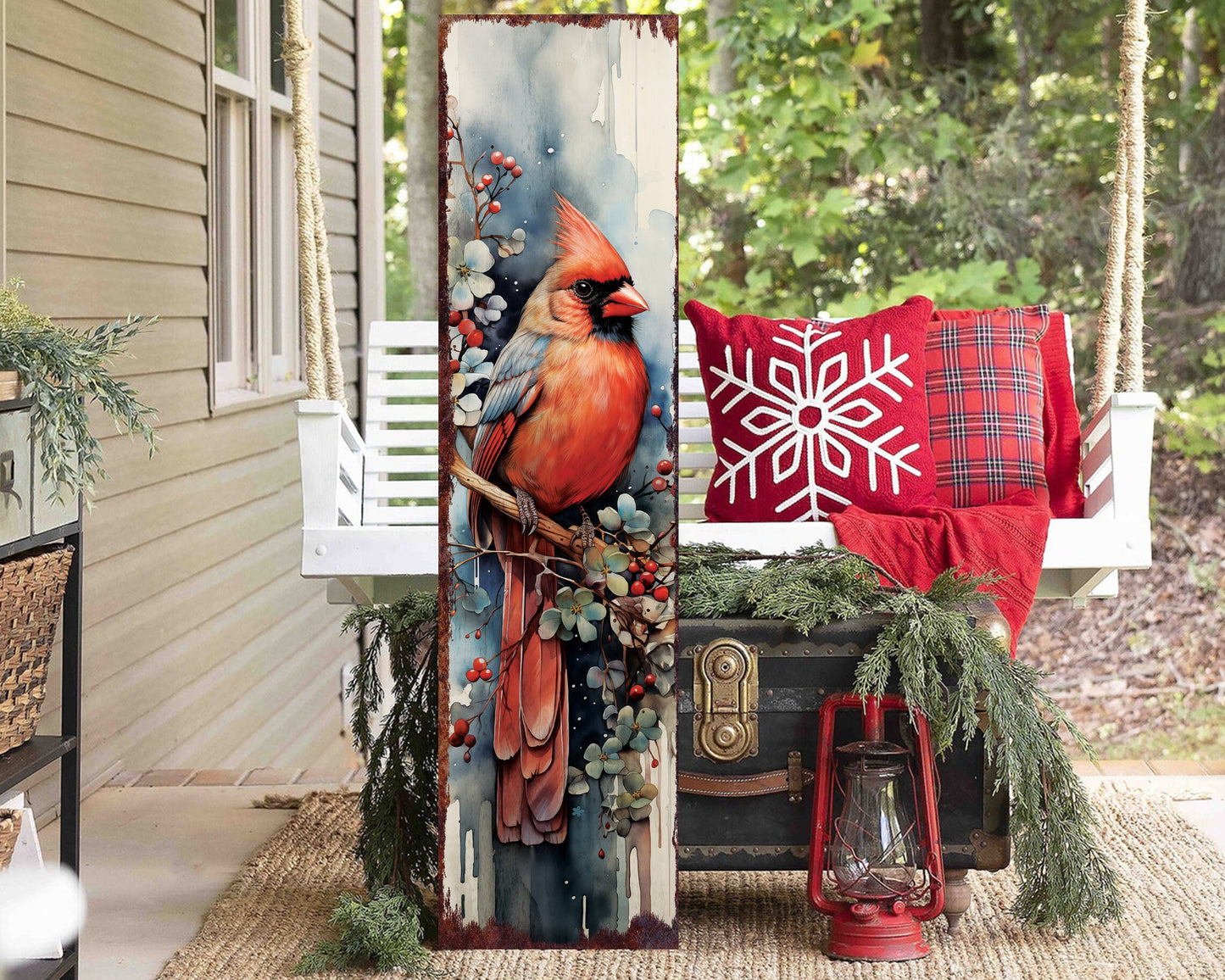 36in Red Cardinal Christmas Porch Sign - Front Porch Christmas Welcome Sign, Vintage Christmas Decoration, Modern Farmhouse Entryway Board