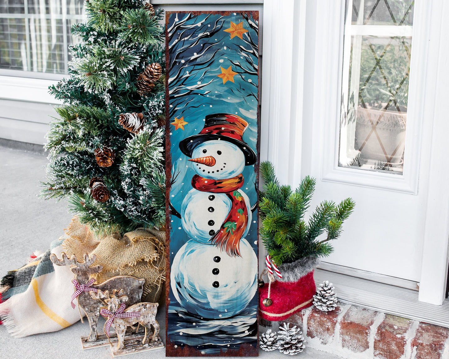 36in Snowman Merry Christmas Porch Sign - Front Porch Welcome Sign, Modern Farmhouse Wall Decor, Vintage Christmas Decor for Outdoor