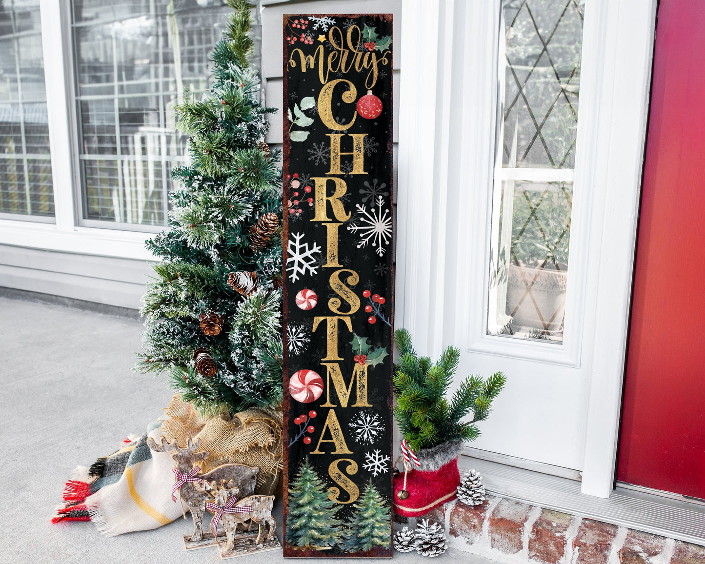 48in Merry Christmas Porch Sign - Stylish Front Porch Christmas Welcome Sign for a Modern Farmhouse