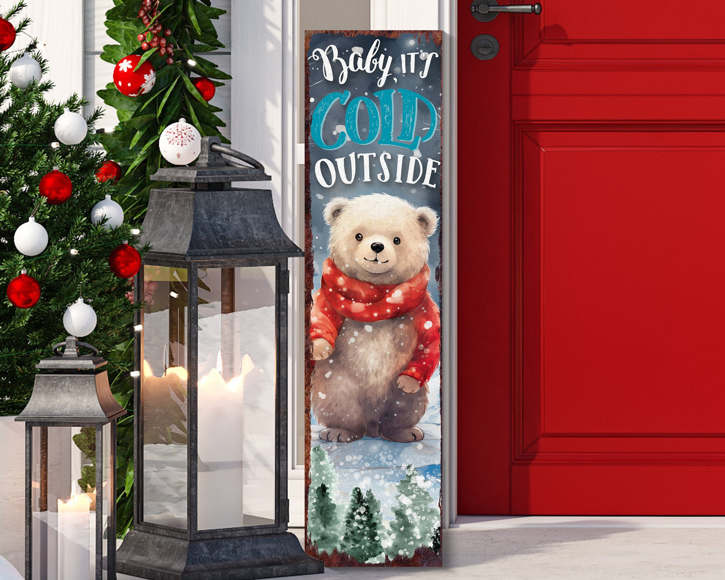 Celebrate Christmas with a 36in Baby Bear Merry Christmas Wooden Porch Sign - Front Porch Welcome & Christmas Wall Decor for Outdoor Indoor