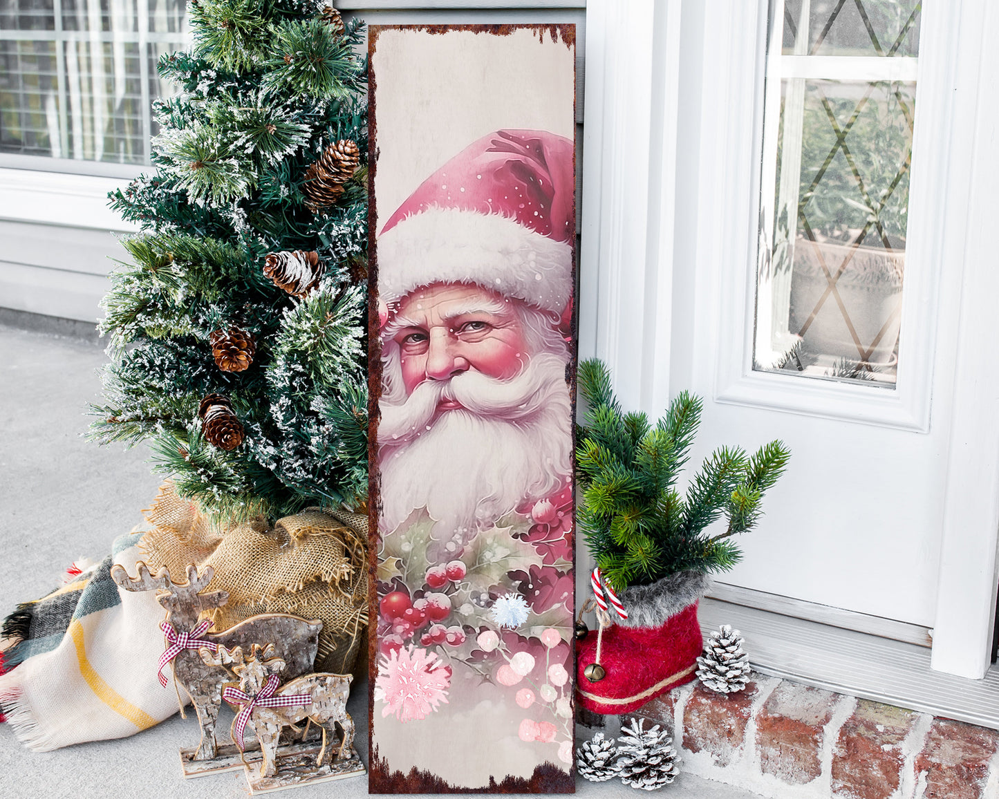Winter Wonderland with a Twist - 36in Pink Santa Christmas Porch Sign, Ideal Vintage Decor for Modern Farmhouse Entryways