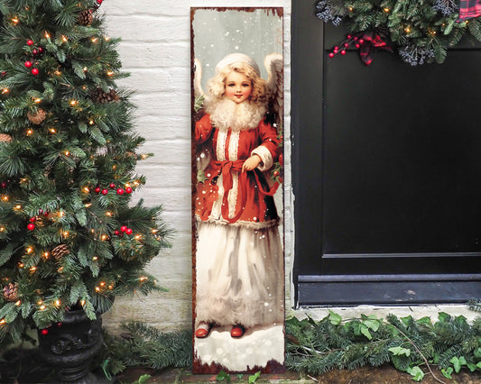 36in Girl Angel Merry Christmas Porch Sign - Front Porch Welcome Sign, Modern Farmhouse Wall Decor, Vintage Christmas Decor for Outdoor