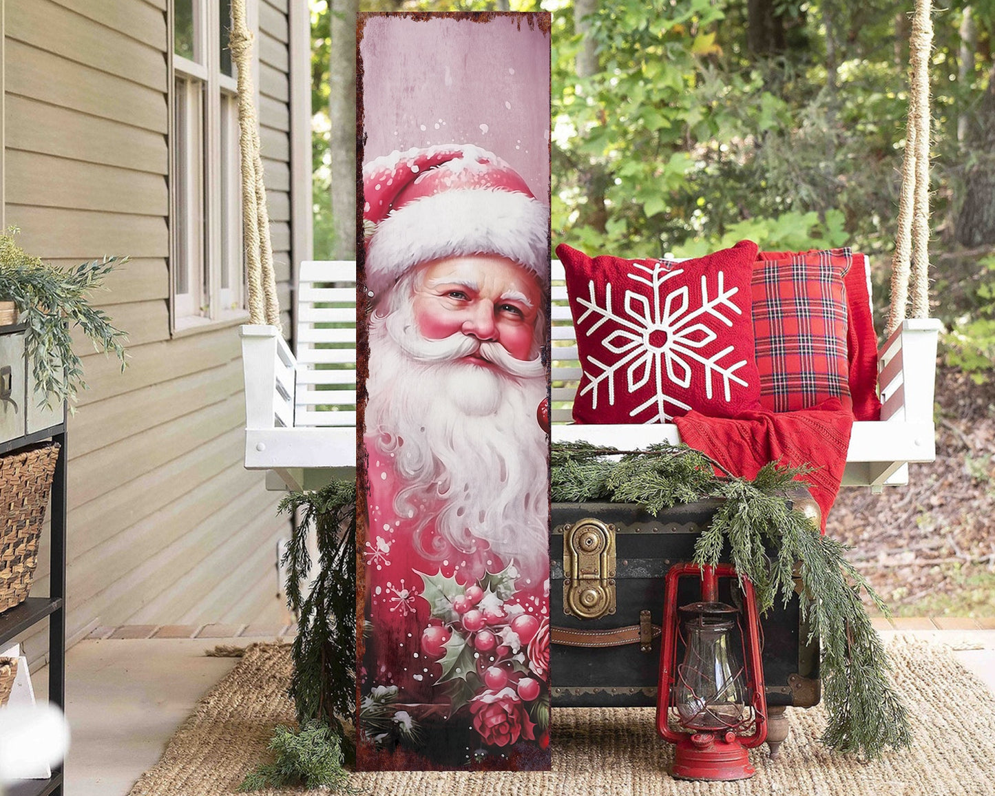 36in Pink Santa Christmas Porch Sign, Ideal Vintage Decor for Modern Farmhouse Entryways