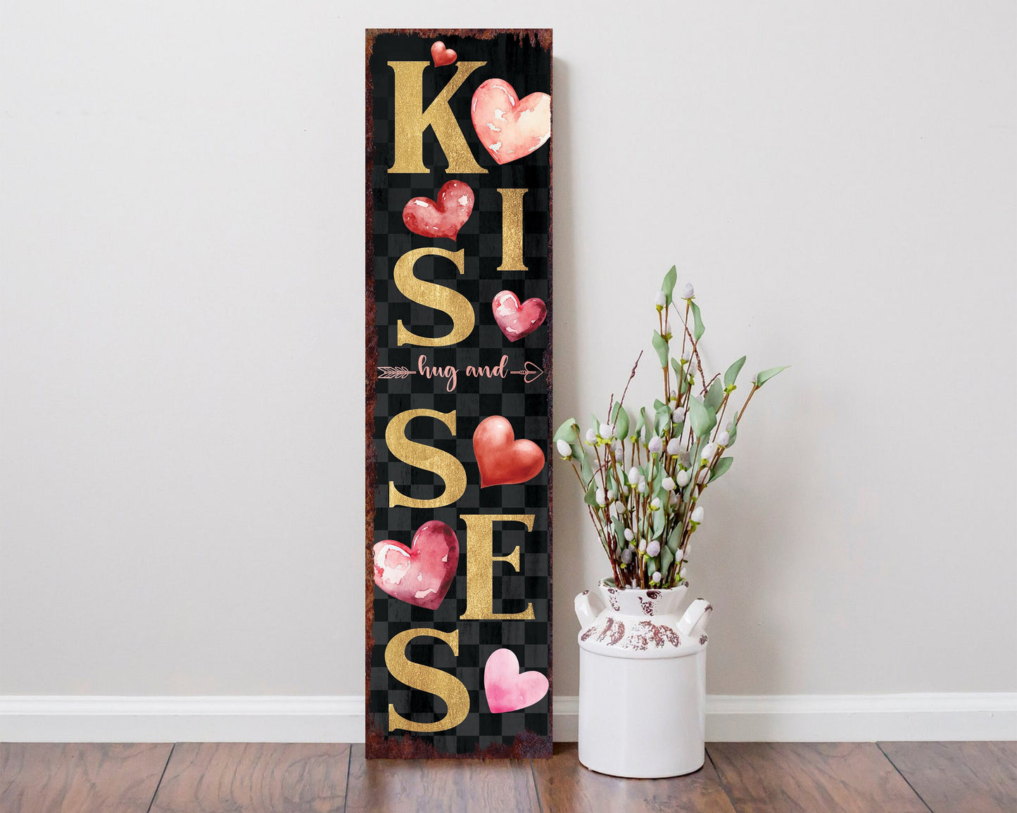 Vintage Valentine's Day Decor: 36-inch Hugs and Kisses Porch Sign