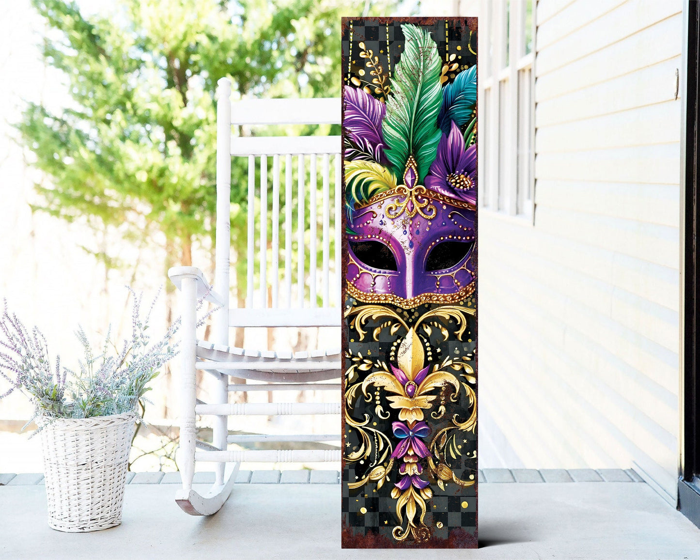 Rustic Modern Farmhouse Entryway Board - 36in Mardi Gras Mask Art Porch Sign, Front Porch Mardi Gras Welcome Sign