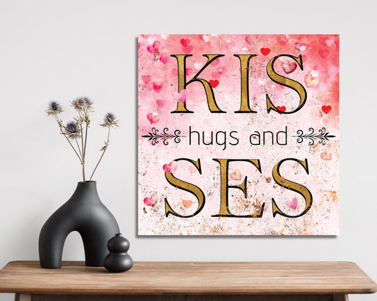 12in Hugs and Kisses Valentine Sign, Vintage Valentine's Decor, Modern Farmhouse Mantel Entryway Decor, Valentine's Day Canvas Sign