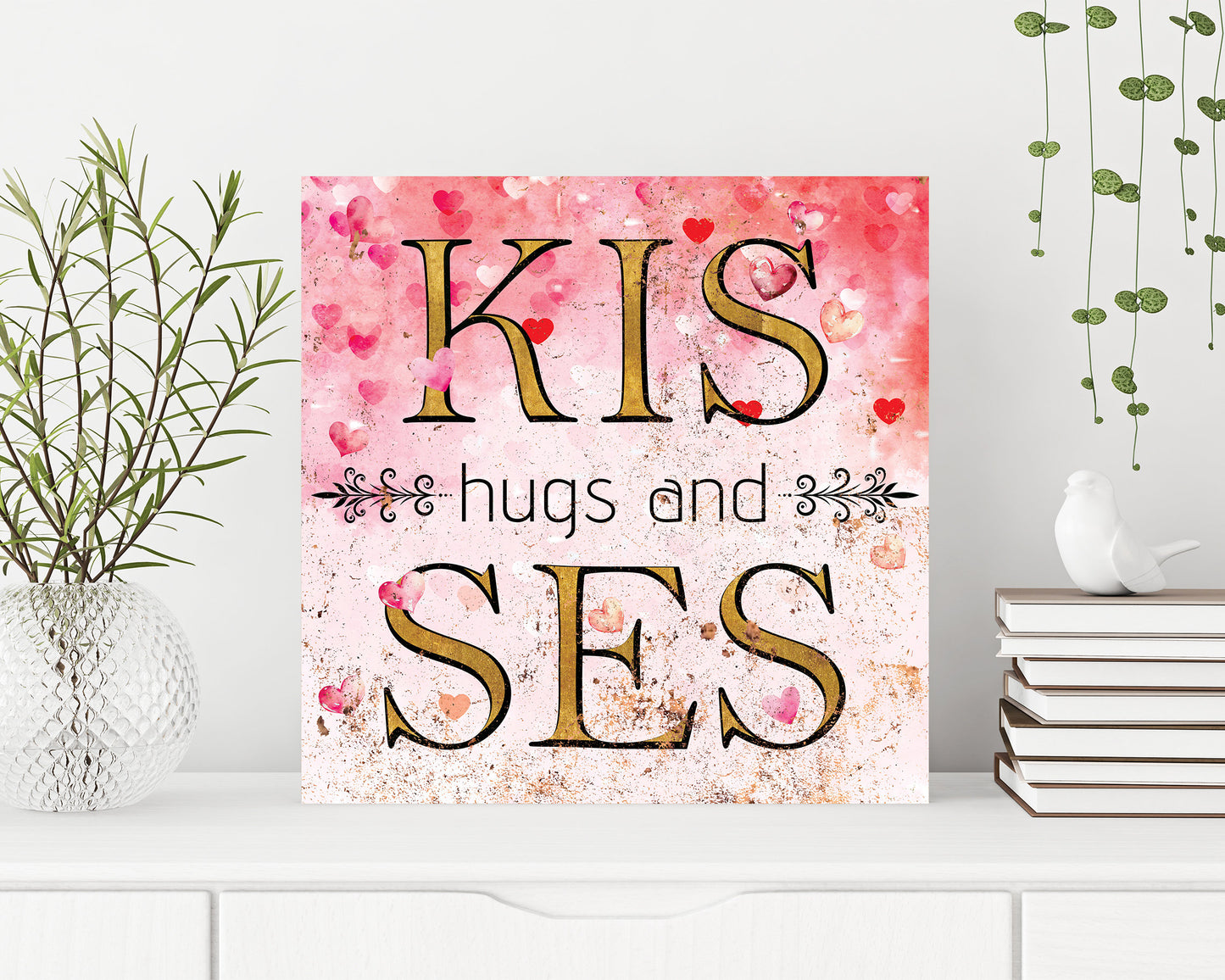 12in Hugs and Kisses Valentine Sign, Vintage Valentine's Decor, Modern Farmhouse Mantel Entryway Decor, Valentine's Day Canvas Sign