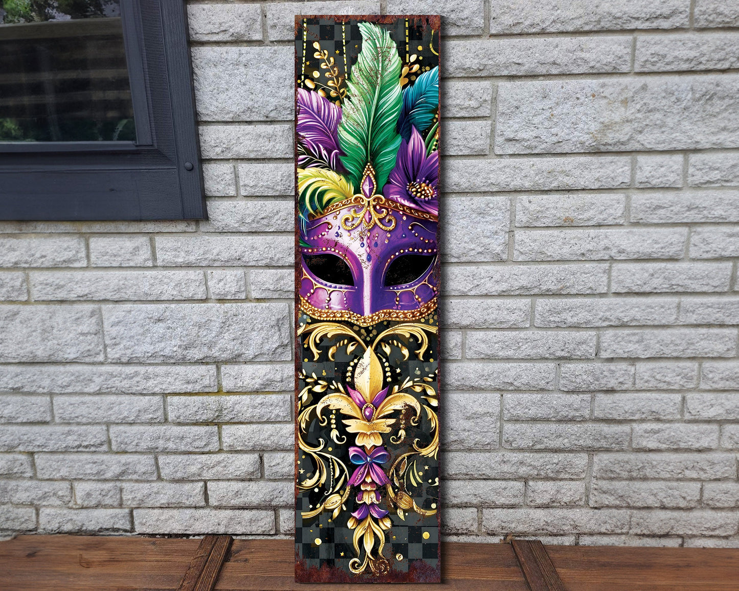 Rustic Modern Farmhouse Entryway Board - 36in Mardi Gras Mask Art Porch Sign, Front Porch Mardi Gras Welcome Sign