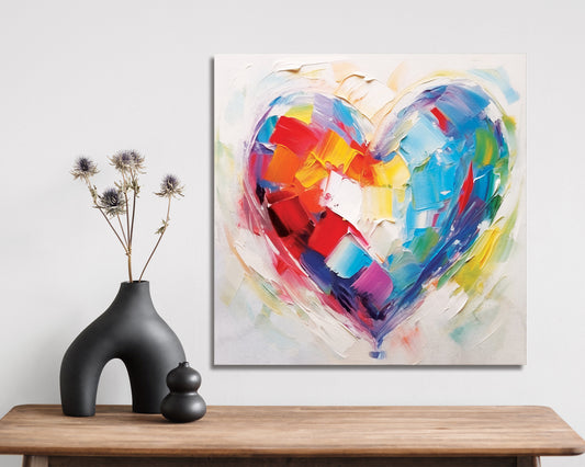 12in Oil Painting Style of a Colorful Heart Valentine__ Day Canvas UV Print Wall Art, Wall Canvas Printing, Living Room Home Decor