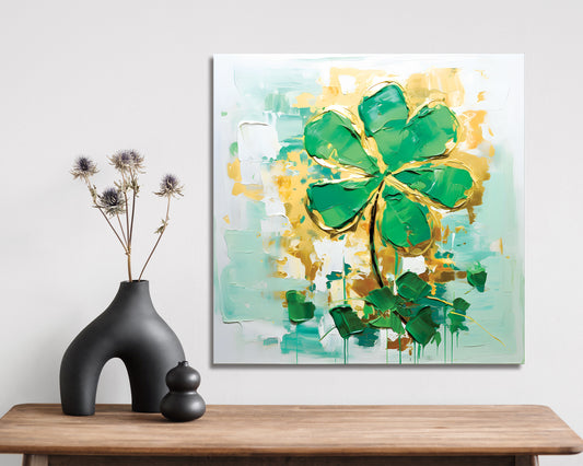 12in Oil Painting Style of a Colorful Shamrock Modern Farmhouse Canvas UV Print Wall Art, St. Patrick's Day Wall Decor Living Room Decor