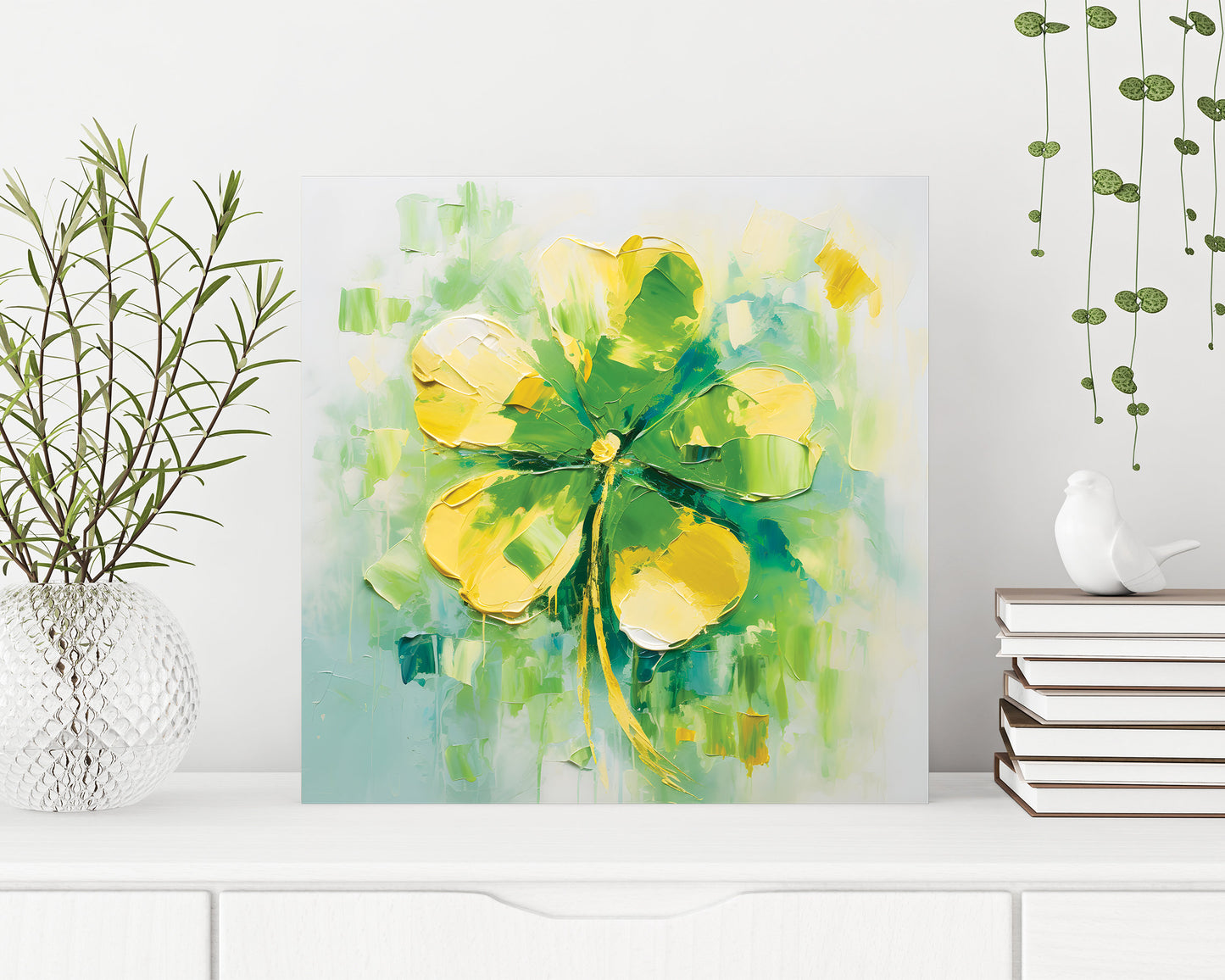 12in Oil Painting Style of a Shamrock Farmhouse Canvas UV Print Wall Art, St. Patrick's Day Wall Decor Living Room Decor