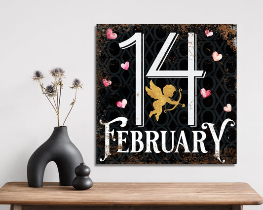 12in February 14 Rustic Valentine Sign, Vintage Valentine's Decor, Modern Farmhouse Mantel Entryway Decor, Valentine's Day Canvas Sign