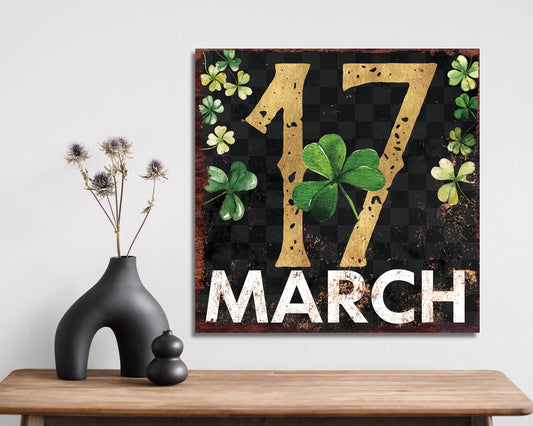 12in St. Patrick's Day March 17 Clover Canvas Sign, Vintage Decor, Modern Farmhouse Mantel Entryway Decor, St.Patrick's Day Wall Decor