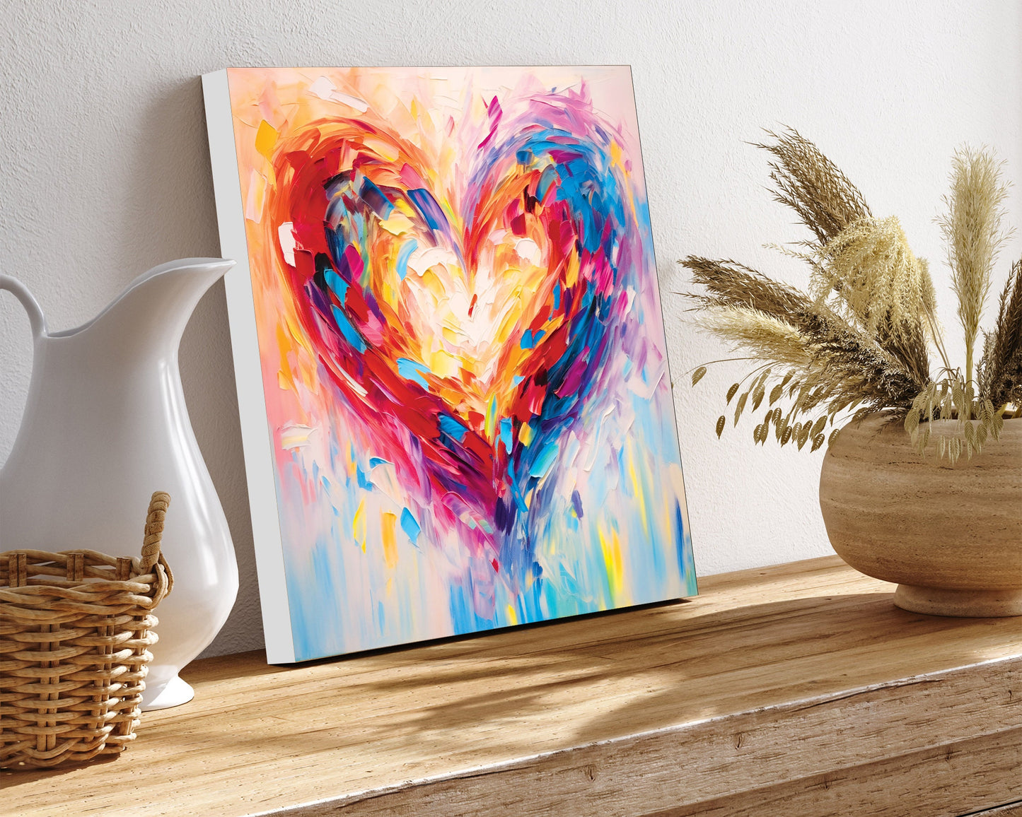 12in Oil Painting Style of a Colorful Heart Valentine__ Day Canvas UV Print Wall Art, Wall Canvas Printing, Living Room Decor | Mantle