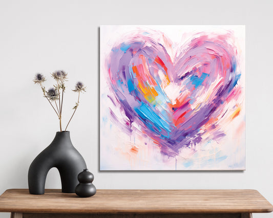 12-inche Oil Painting Style of a Colorful Heart Valentine__ Day Canvas UV Print Wall Art, Wall Canvas Printing, Living Room Decor