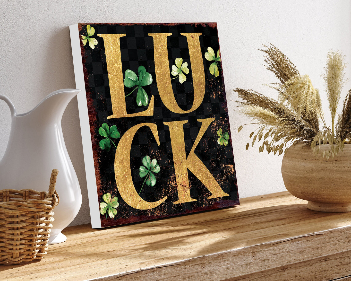 12in St. Patrick's Day Luck Clover Canvas Sign, Vintage Decor, Modern Farmhouse Mantel Entryway Decor, St.Patrick's Day Wall Decor