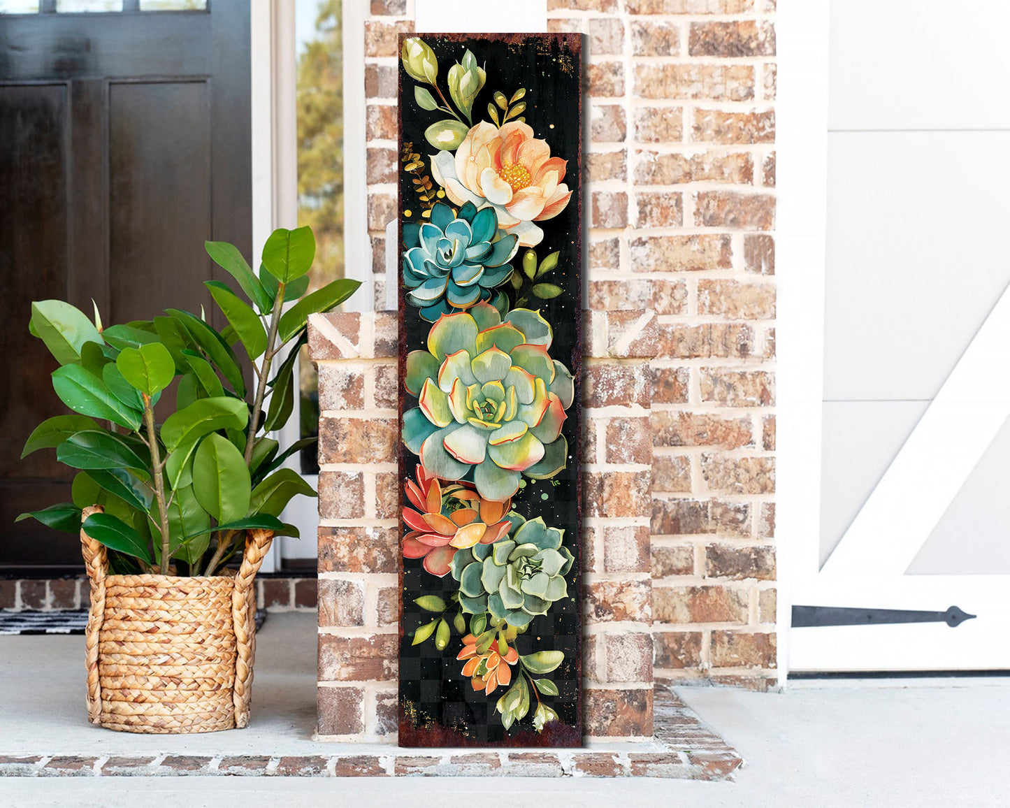 36in Spring Porch Sign with Succulent Design | Front Door Porch Decor, Rustic Farmhouse Outdoor Entryway Display Board