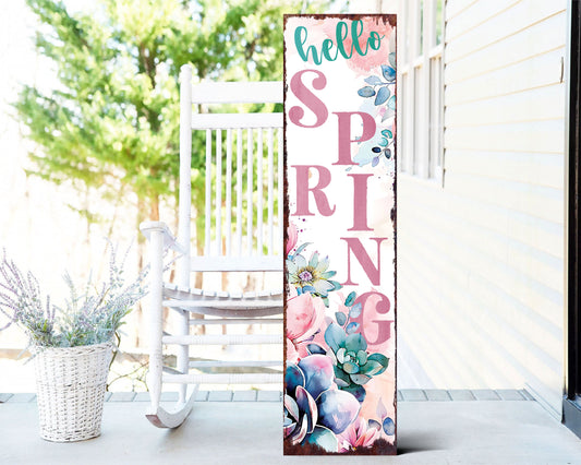 36-Inch Spring 'Hello Spring' Wooden Porch Sign With Succulent Design | Front Door Decor, Rustic Farmhouse Outdoor Entryway Decor