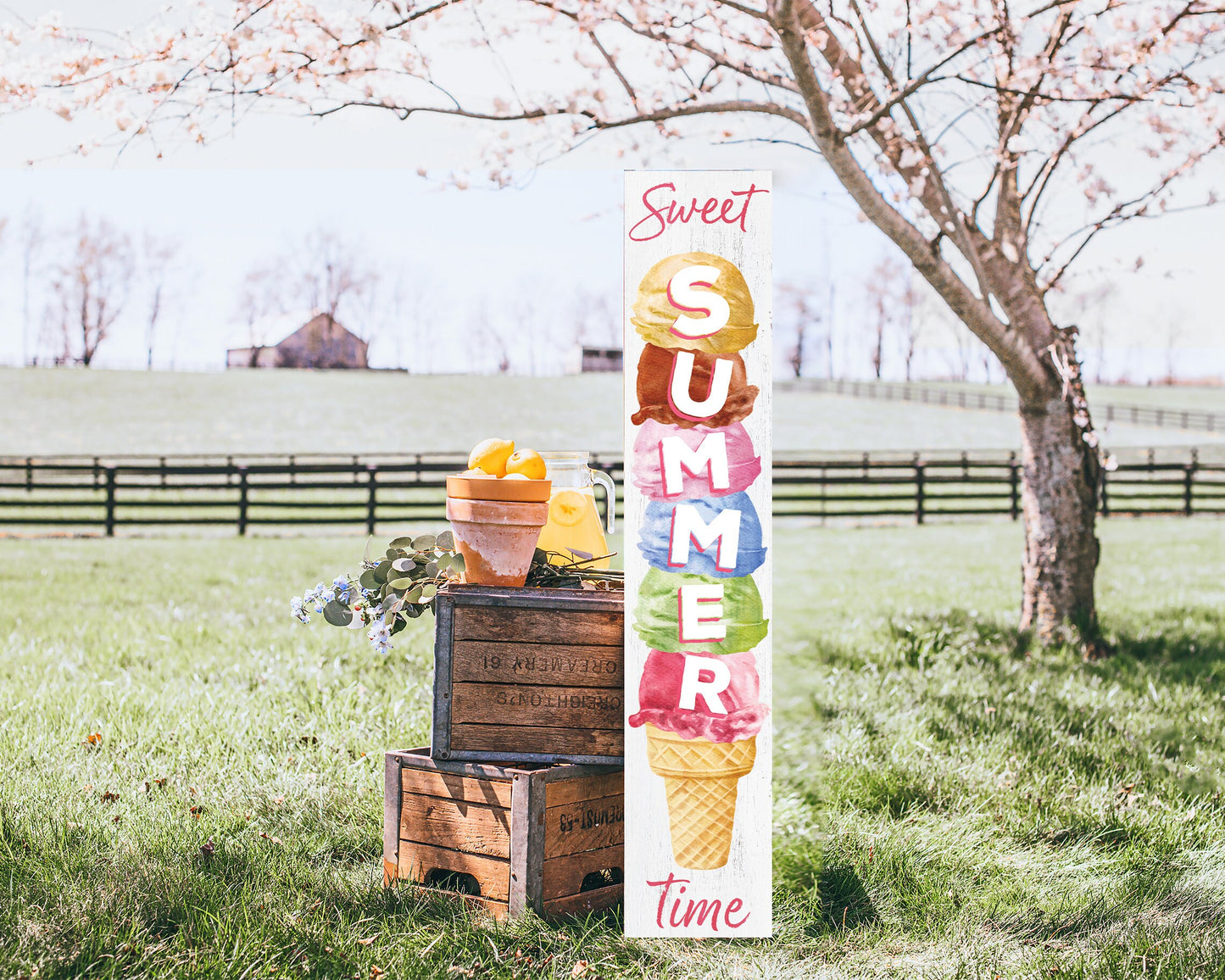 48in Sweet Summer Time Ice Cream Porch Sign - Wooden Front Door Wall Decor for Home - Fun & Colorful Seasonal Design