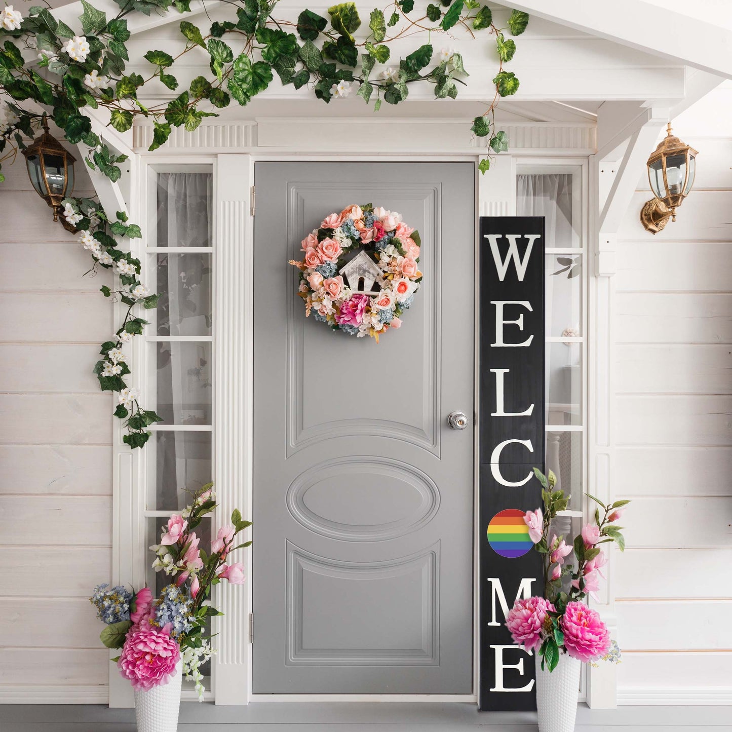 72in Outdoor Rainbow Modern Farmhouse Welcome Sign for Front Door | Pride Day Welcome Sign, Pride Day Decor Sign for Front Porch Decor